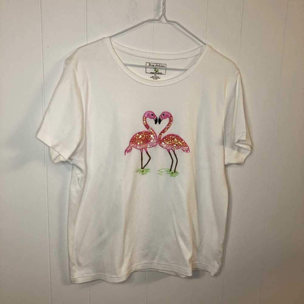 Jane Ashley Casual Lifestyle White Tee with Pink Sequin Flamingos XL
